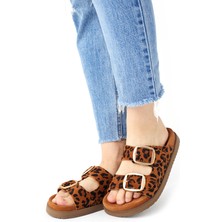 Hakiki Deri Kadın Terlik Taba Leopar Desenli Süet Vandia