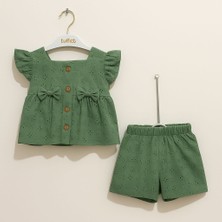 Zarif Fiyonk Detaylı Yazlık 2'li Kız Bebek Takımı – Krem & Yeşil Renk Seçenekli