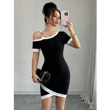 Tua Moda Kadın Kısa Kollu Asimetrik Kesim Yaka Şerit ve Aksesuar Detaylı Modal Elbise