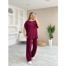 Nidam Butik Kadın Kısa Kollu Kayık Yakalı Dikiş Izi Detaylı Viskon Iki Iplik Bluz ve Pantolon Ikili Takım