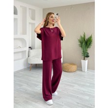 Nidam Butik Kadın Kısa Kollu Kayık Yakalı Dikiş Izi Detaylı Viskon Iki Iplik Bluz ve Pantolon Ikili Takım