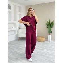 Nidam Butik Kadın Kısa Kollu Kayık Yakalı Dikiş Izi Detaylı Viskon Iki Iplik Bluz ve Pantolon Ikili Takım