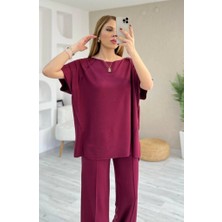 Nidam Butik Kadın Kısa Kollu Kayık Yakalı Dikiş Izi Detaylı Viskon Iki Iplik Bluz ve Pantolon Ikili Takım