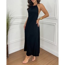 Gökyüzü Moda Kadın Boyundan Askılı Halter Kollu Viskon Elbise