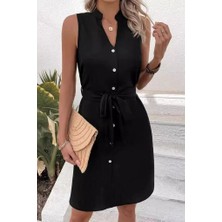 Arben Boutique Kadın Sıfır Kollu Hakim Yaka Önden Düğmeli Belden Kuşaklı Ithal Keten Elbise
