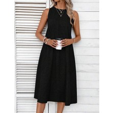 Ahes Shopping Kadın Kolsuz Bisiklet Yaka Cepli Midi Keten Elbise