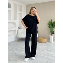 Ag Shoppings Kadın Kısa Kollu Kayık Yakalı Dikiş Izi Detaylı Viskon Iki Iplik Bluz ve Pantolon Ikili Takım