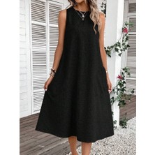 Arben Boutique Kadın Kolsuz Bisiklet Yaka Cepli Midi Keten Elbise