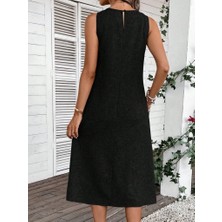 Arben Boutique Kadın Kolsuz Bisiklet Yaka Cepli Midi Keten Elbise