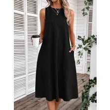 Arben Boutique Kadın Kolsuz Bisiklet Yaka Cepli Midi Keten Elbise
