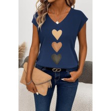 Ahes Shopping Kadın Kısa Kollu V Yakalı Kalp Desen Viskon Bluz
