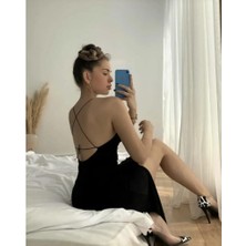 Arben Boutique Kadın Kolsuz V Yaka Boyundan ve Sırttan Bağlamalı Yırtmaçlı Janjan Krep Midi Elbise
