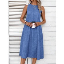 Arben Boutique Kadın Kolsuz Bisiklet Yaka Cepli Midi Keten Elbise