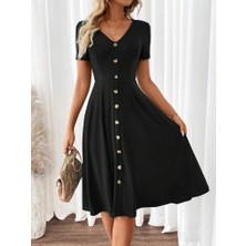 Arben Boutique Kadın Kısa Kollu V Yakalı Önden Düğmeli A Kesim Dokuma Elbise