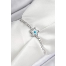 Pirinç Zirkon Taşlı Nazar Yıldız Model Gümüş Renk Asansörlü Kadın Bileklik