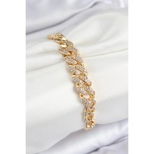 Pirinç Zirkon Taşlı Küba Zincir Model Gold Renk Kadın Bileklik
