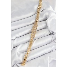 Pirinç Zirkon Taşlı Ezme Küba Zincir Model Gold Renk Kadın Bileklik