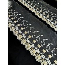 Altay Aksesuar Beyaz Tül Üzerine Gold Çiçek Işlemeli Kenar Güpür Dantel
