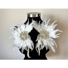 Altay Aksesuar Özel Beyaz Kuş Tüylü Boncuklu Taşlı Çift Taraflı Aplik ( Çift Olarak Salılmaktadır,)