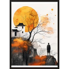 Zestia Siyah Çerçeveli Tablo, Dağ Manzarası, Japon Tapınağı, Su Mürekkebi Tarzı Poster No: 106527