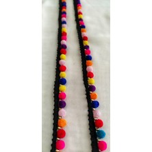 Altay Aksesuar Siyah Kenar Rengarenk Ponponlu Boncuklu Örme Şerit