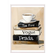 Zestia Beyaz Çerçeveli Tablo, Kahve ve Kitaplar, Vogue & Prada Detaylı, Akrilik Boya Poster No: 106132