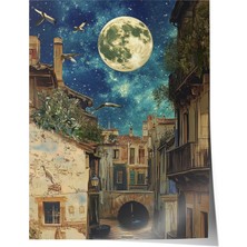 Zestia Çerçevesiz Poster, Ay Işığı ve Eski Evler, Gece Kompozisyonu Poster No: 107329