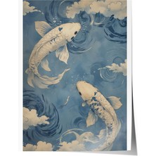 Zestia Çerçevesiz Poster, Koi Balıkları, Japon Dalgalar Arasında, Mavi Tonlar Poster No: 107505