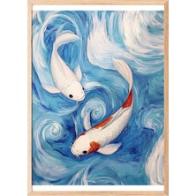 Zestia Ahşap Çerçeveli Tablo, Koi Balıkları, Mavi Dalgalar, Japon Stil Poster No: 107335