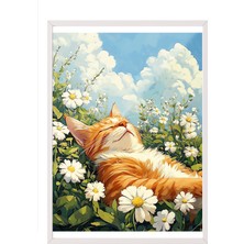 Zestia Beyaz Çerçeveli Tablo, Papatyalar Arasında Yatan Kedi, Bahar Havası Poster No: 107346