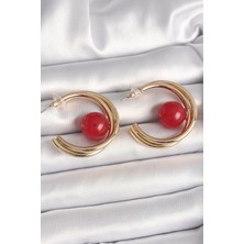 Pirinç Gold Renk Halka Model Kırmızı Boncuk Detay Kadın Küpe - TJ-BKP10366