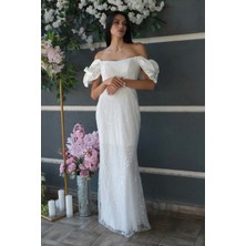 Beyaz Üzeri Taş Boncuk Işlemeli Balon Kol Abiye 9705417.15