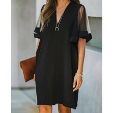 Kadın Tüllü Kısa Kollu V Yaka Krep Elbise