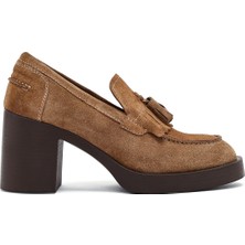 Derimod Kadın Taba Süet Deri Kalın Topuklu Loafer 25AFD510610 Gerçek Deri ile Şık Tasarım