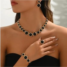 4 Adet Retro Moda Geometrik Daireli Kolye Bilezik Küpe Yüzük Seti, Siyah Akrilik Küre Parçaları