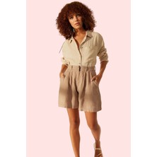 Kadın Keten Geniş Paça Kısa Şort Düz Desenli Yüksek Bel City Short Kalıp Rahat Günlük Hafta Sonu