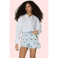 Kadın Pamuklu Baskılı Kiraz Desenli Denim City Short Şort Rahat Günlük Kullanım Hafta Sonu