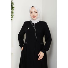 Rozetli Gizli Çıtçıtlı Taş Detaylı Ferace