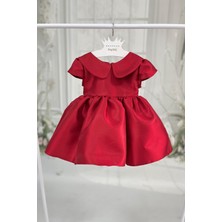 Kırmızı Mikado Bebe Yaka Kuş Kol Pamuk Astarlı Fiyonklu Abiye Elbise