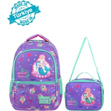 Lisanslı Deniz Kızı Deri Nakış Desenli Kız Çocuk Ilkokul Sırt Çantası ve Beslenme Çantası