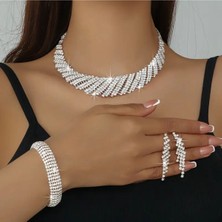Geometrik Düzenli Lüks Taşlı Kolye Bilezik Küpe Üçlü Takı Seti Gelin Aksesuarları