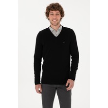 U.S. Polo Assn. Erkek Slim Fit V Yaka Siyah Basic Kazak 50313668-VR046