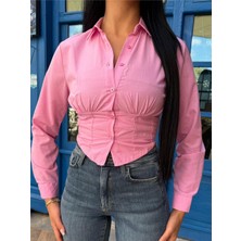 Pembe Polyester Pamuk Parçalı Gömlek