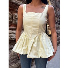 Sarı Pamuk Polyester Kare Yaka Balon Bluz