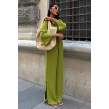 Kadın Yağ Yeşili Ayrobin Uzun Gömlek Pantolon Takım