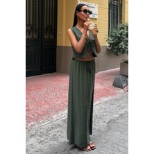 Kadın Haki Kolsuz Düz Dokuma Rayon Ikili Takım