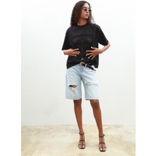 Kadın Siyah Dokuma Oversize Kısa Kollu Tişört