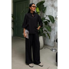 Kadın Siyah Pamuk Kendinden Kabartma Çizgili Uzun Takım