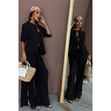 Kadın Siyah Dokuma Bisiklet Yaka Kısa Kol Takım