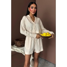 Kadın Ekru Çizgili Viskon Kruvaze Takım